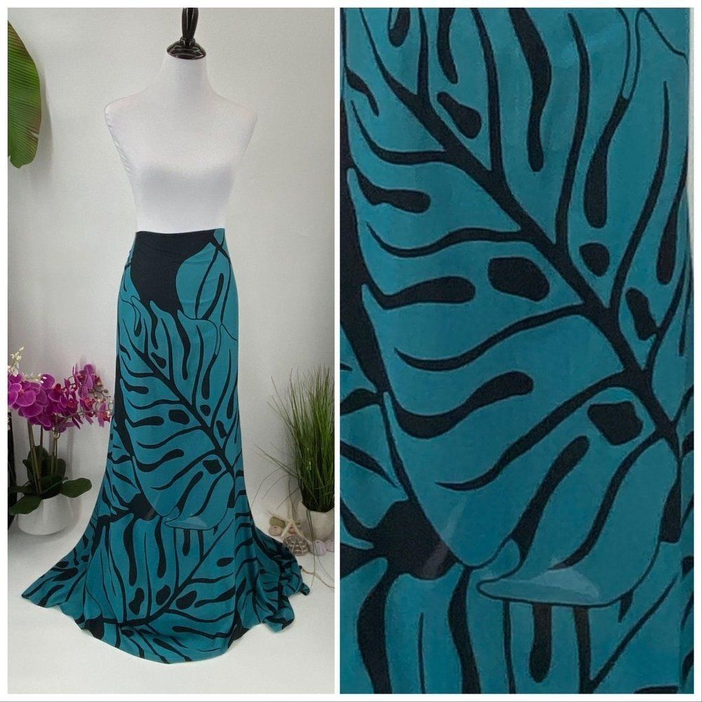 Black/Teal Monstera SARONG Pareo Lavalava Beach Skirt Summer Scarf - Picture 2 of 4